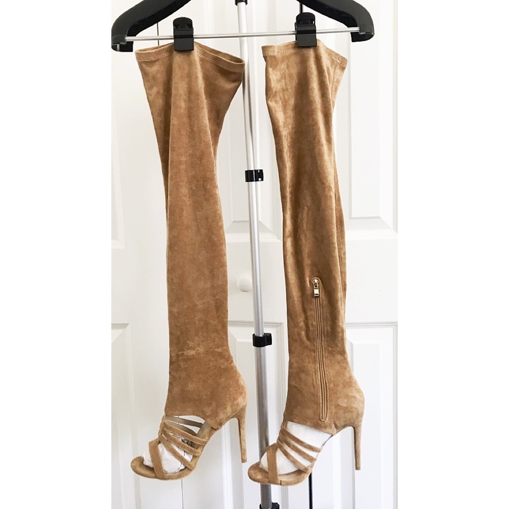 Simmi London Over-the-Knee Open Toe Stiletto Boots – Tan Vegan Suede – Size 7